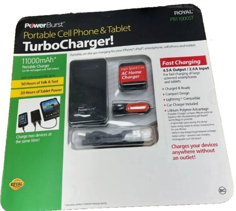Royal PowerBurst Portable 11000mah Cell Phone Tablet Turbocharge Charger