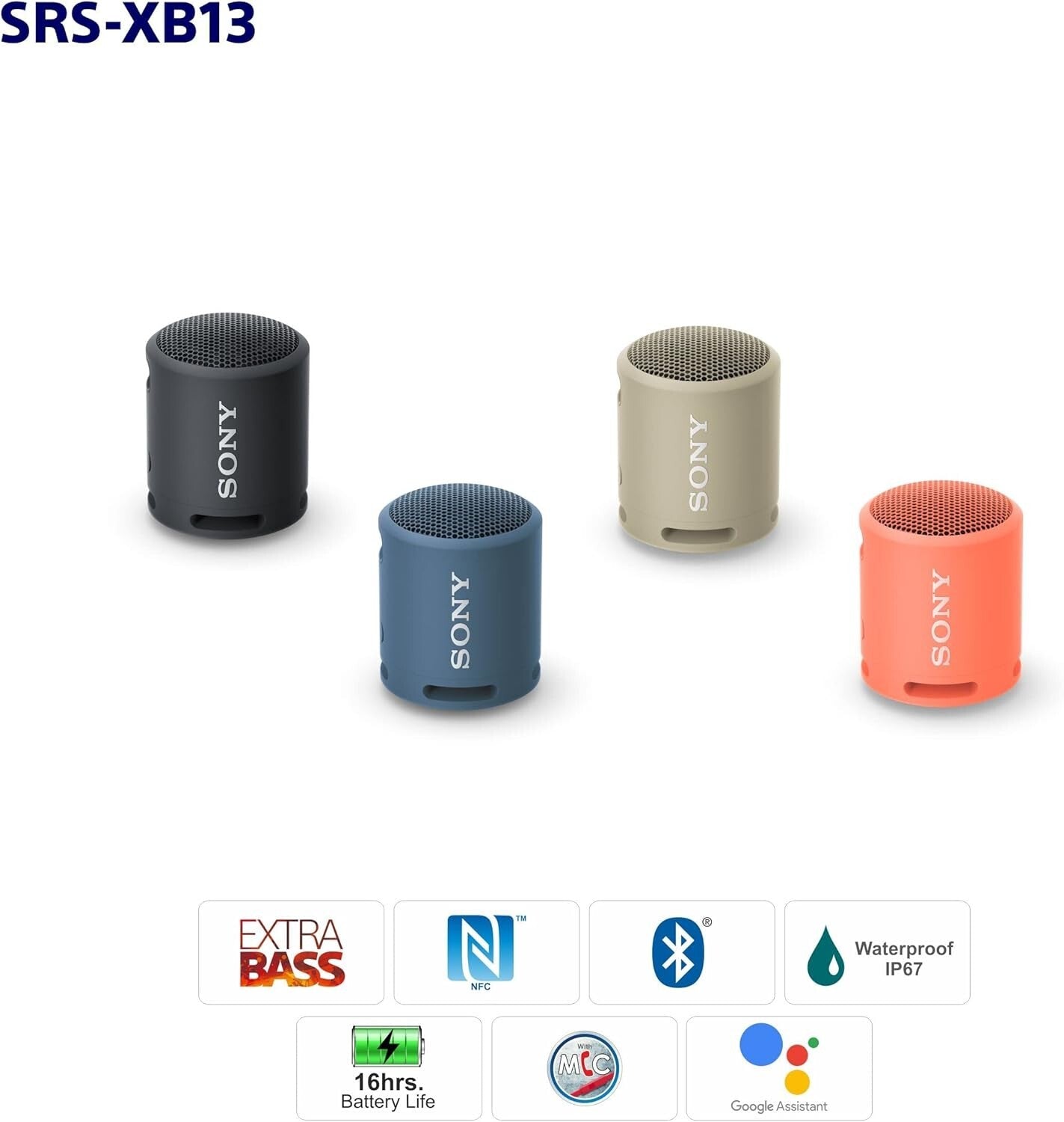 Sony SRSXB13 USB B Extra Bass Portable Waterproof Speaker w Bluetooth TypeC