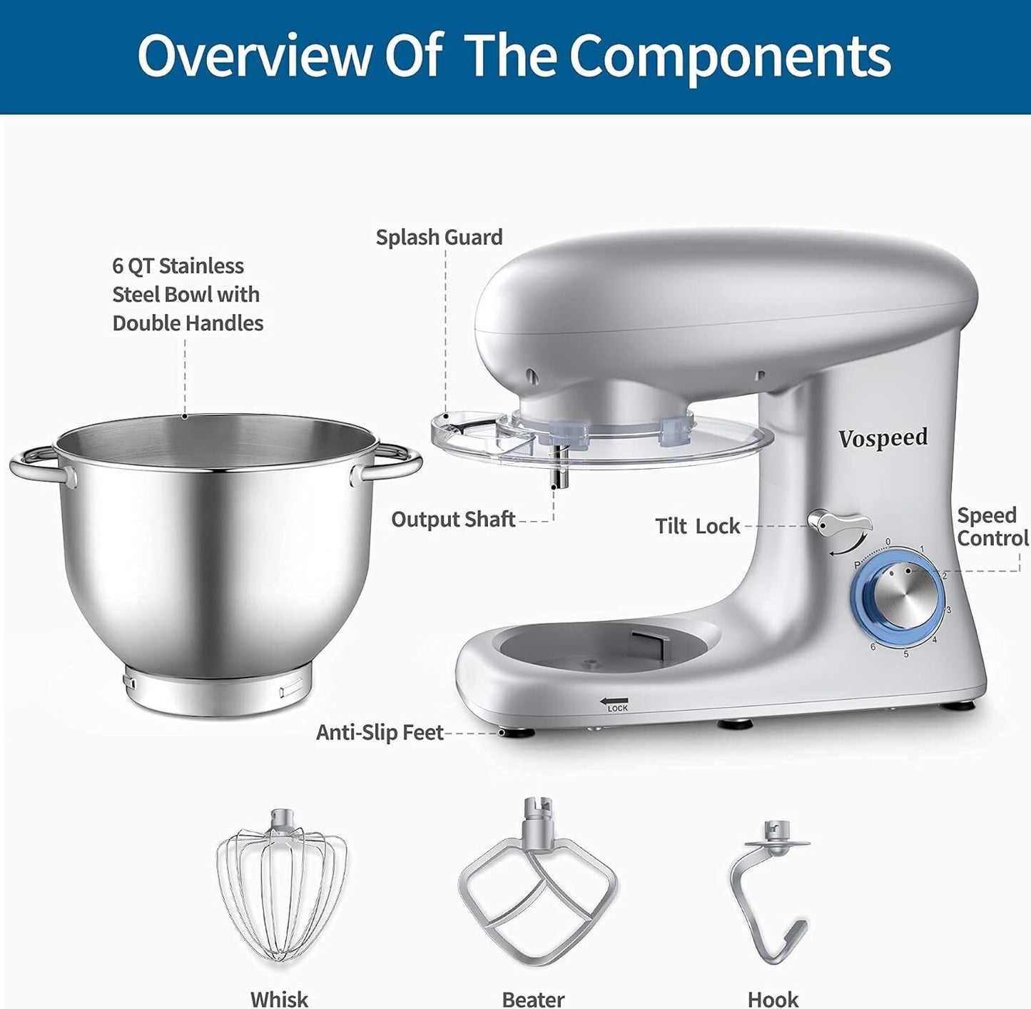 660W Vospeed Stand Electric Mixer 6Speed TiltHead Kitchen Dough 6 Qt Stainless