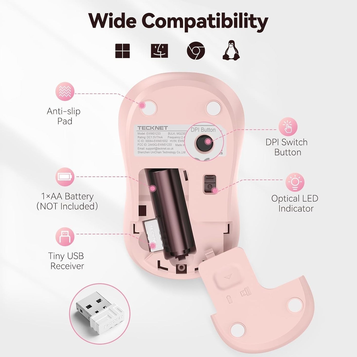TECKNET Pink Wireless Mouse – Quiet, 5 DPI, Contoured Grip, 30 Months Battery