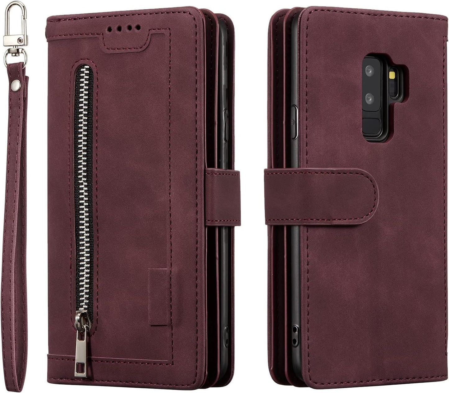 Galaxy S9 Wallet Case by UEEBAI – PU Leather, Zipper, Kickstand, Red - OEM
