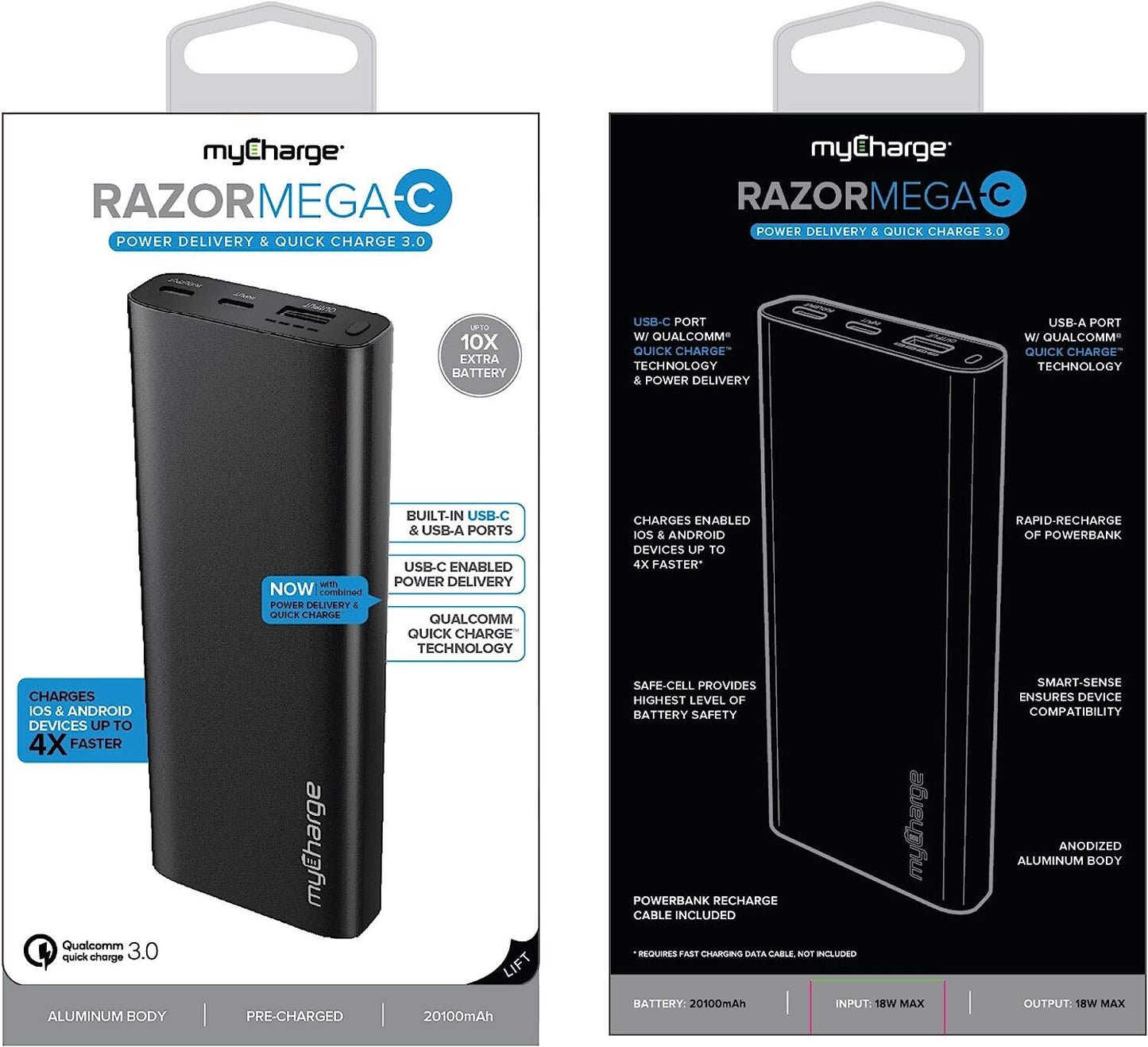 18W USB myCharge RazorMegaC Portable Charger 20100mAh Dual QC 30
