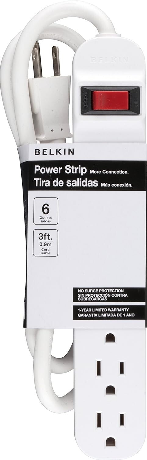 WHITE Belkin 6Outlet Power Strip 3ft Cord