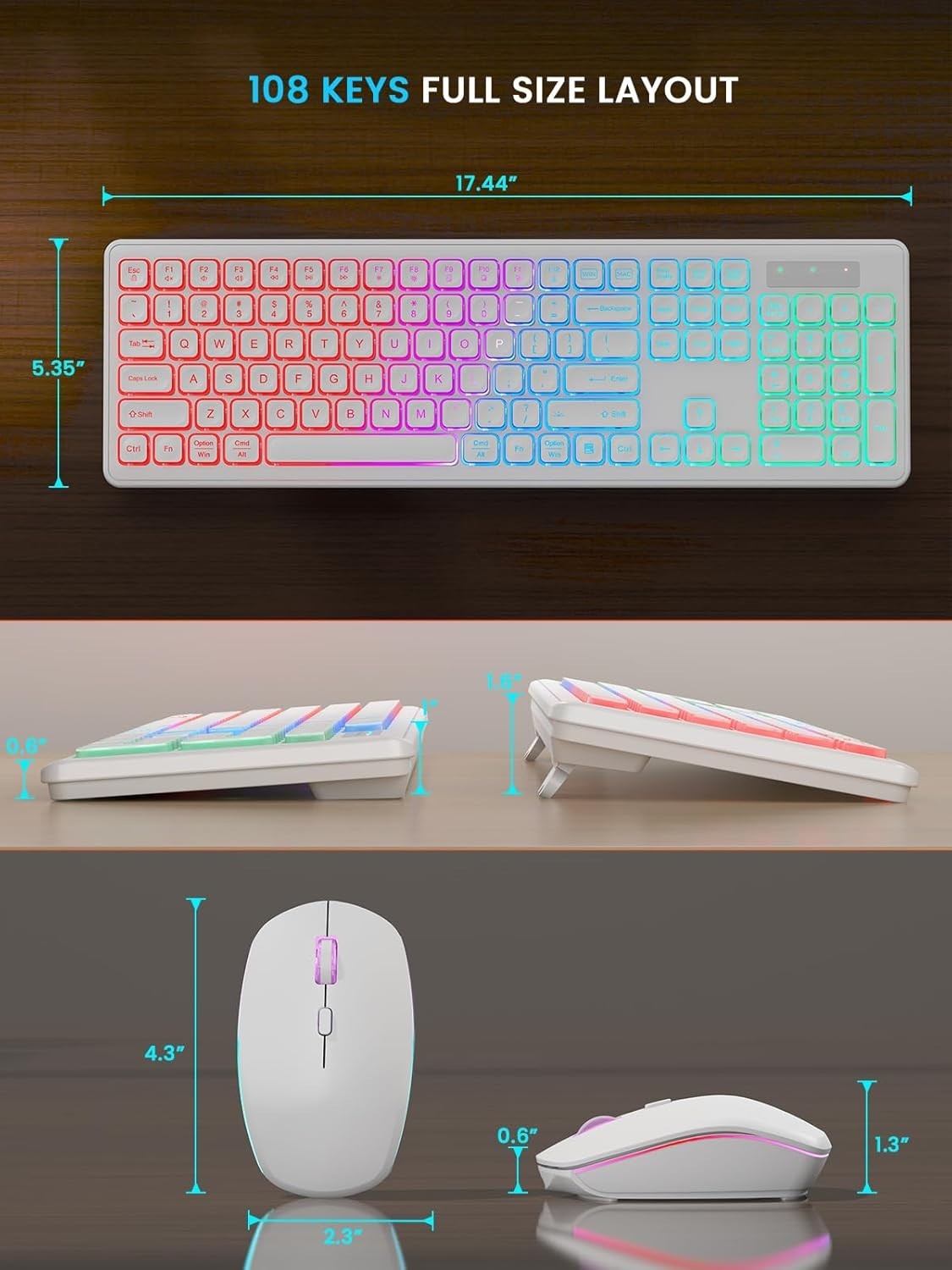 Wireless Backlit Keyboard & Mouse – Quiet, Rechargeable, USB, White Combo