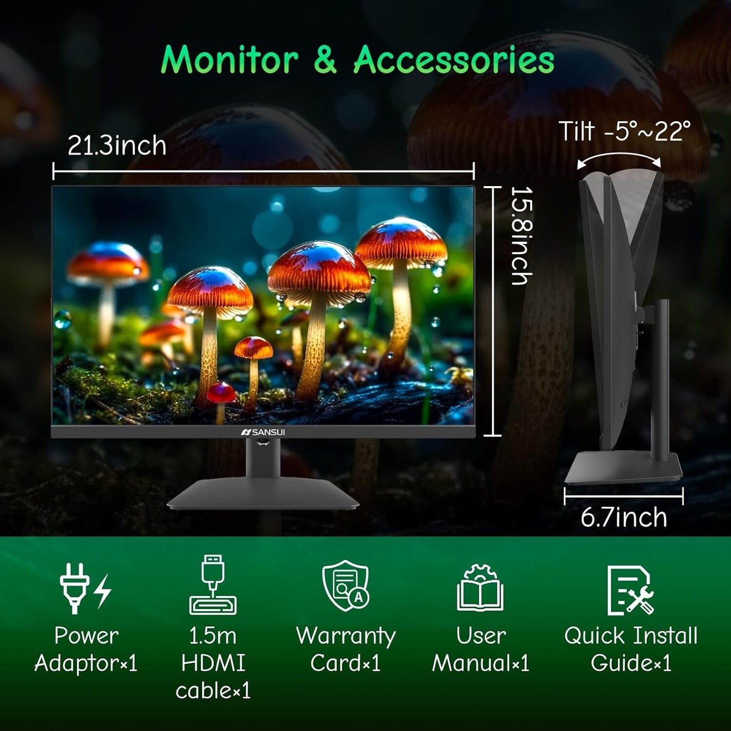 SANSUI IPS Computer Monitor 24 inch Eye Care Display Ports