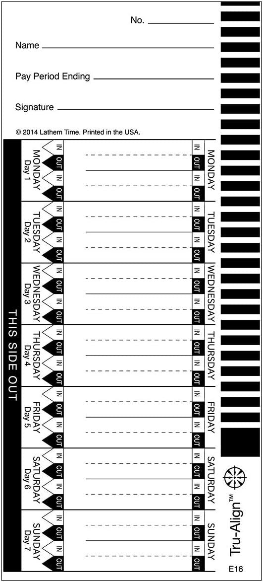 E16 1600E Lathem TruAlign Time Cards Weekly 1Sided White