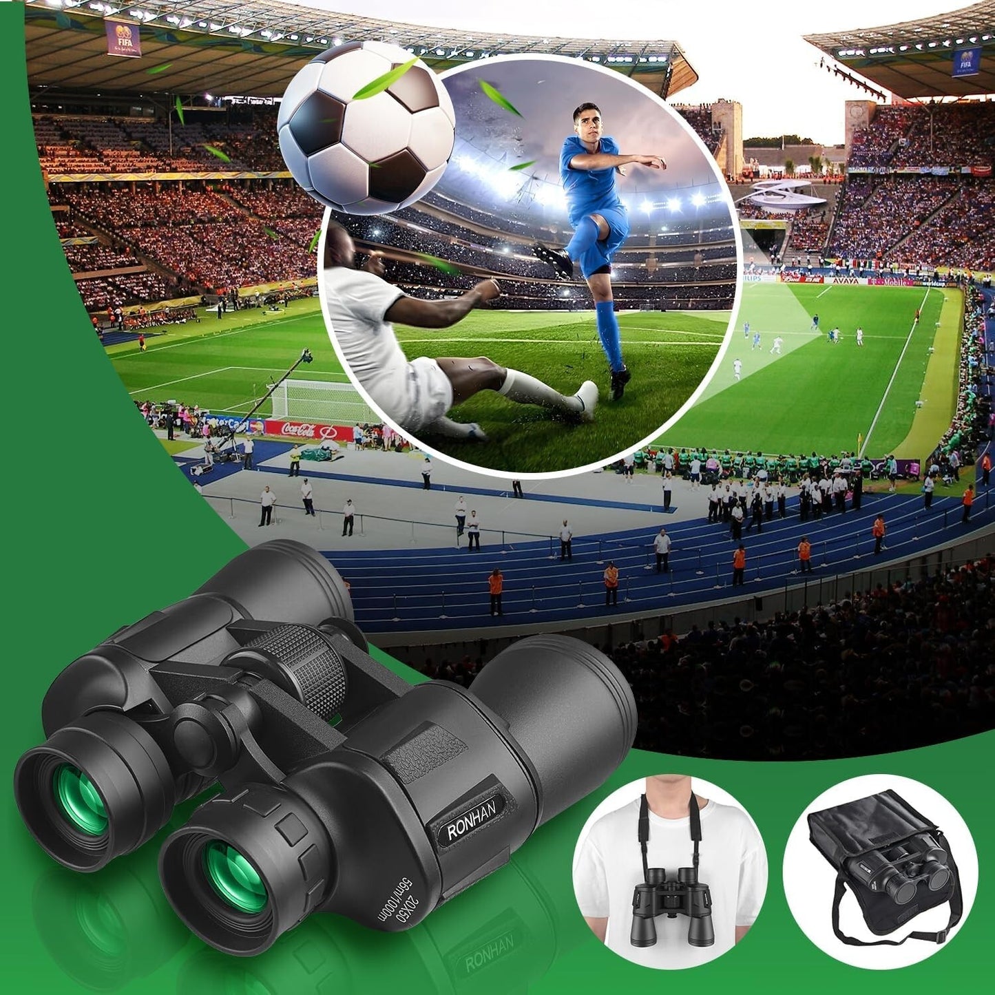 RONHAN BLACK 20x50 Binoculars Compact HD ProCarrying Strap Waterproof