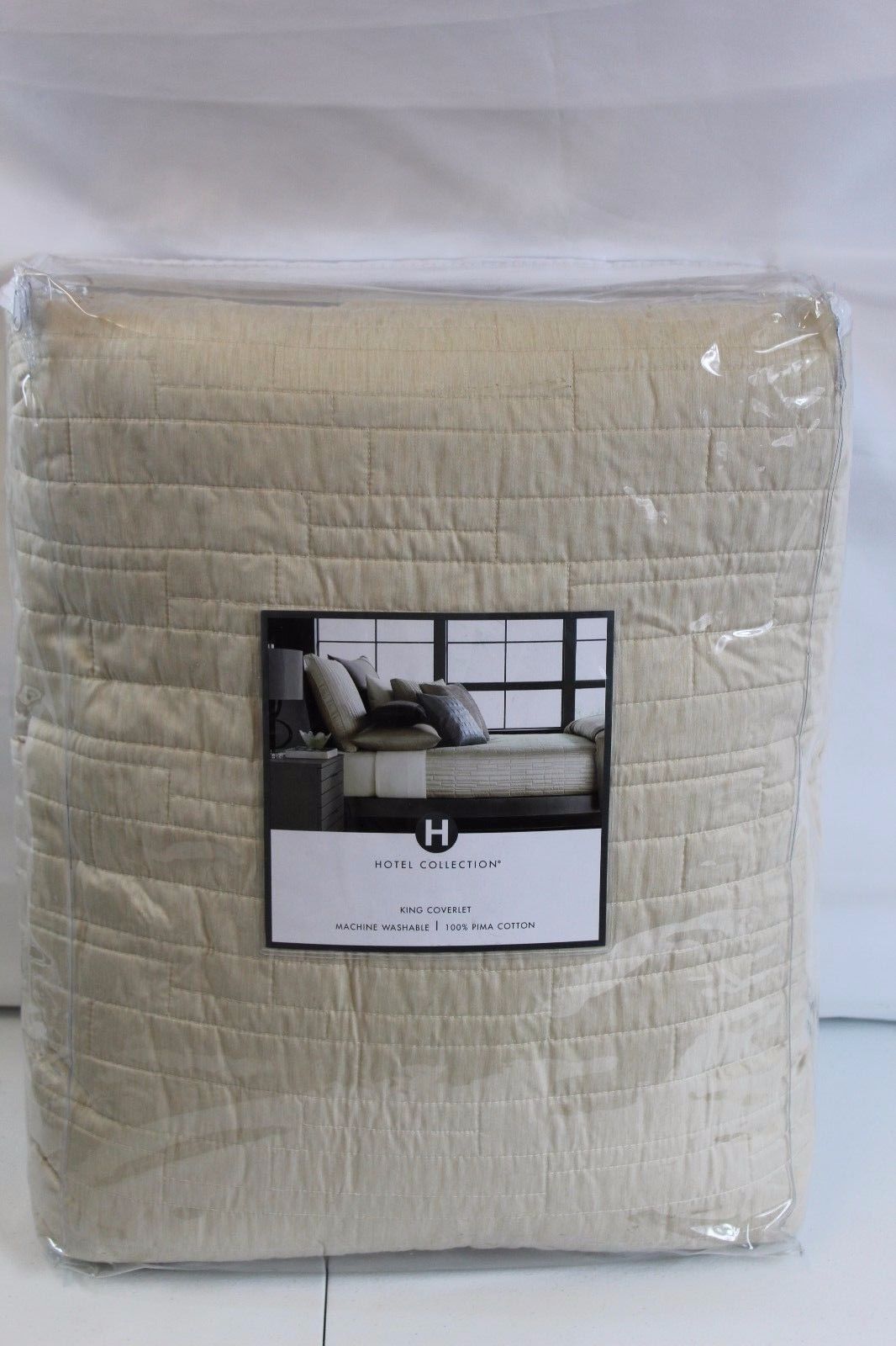 FULL QUEEN Hotel Collection Coverlet Manhattan Stripe Beige Quilted Pima
