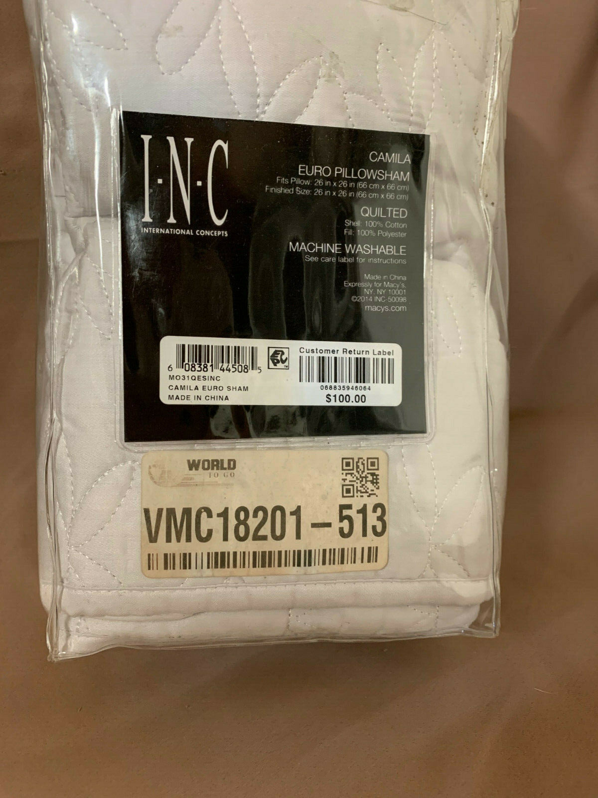 INC MSRP Intern Concepts Camila Euro Quilted Pillow Sham 26x26 White