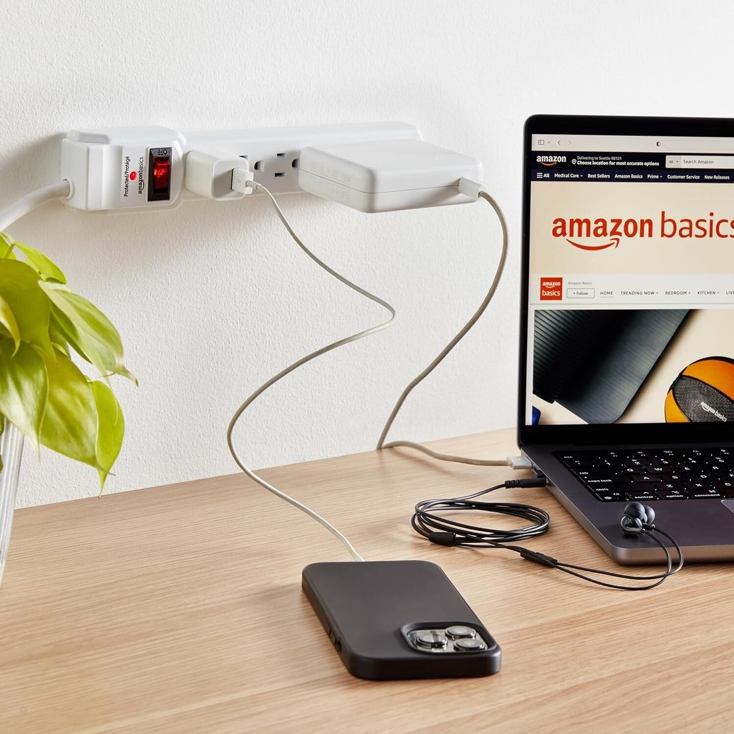 Amazon Basics 2' feet 6-Outlet 200 Joule Surge Protector Power Strip - 2 pack
