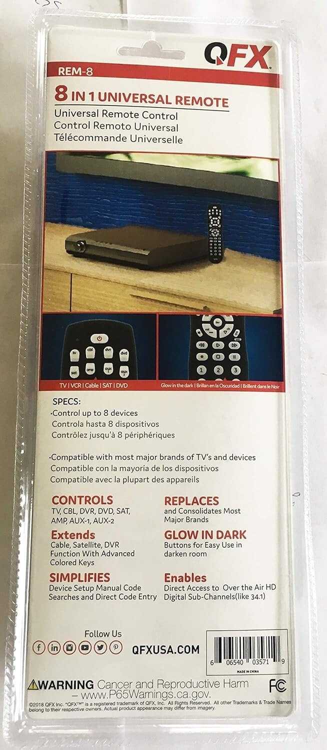 QFX REM-8 8in1 Universal Remote GlowinDark Buttons