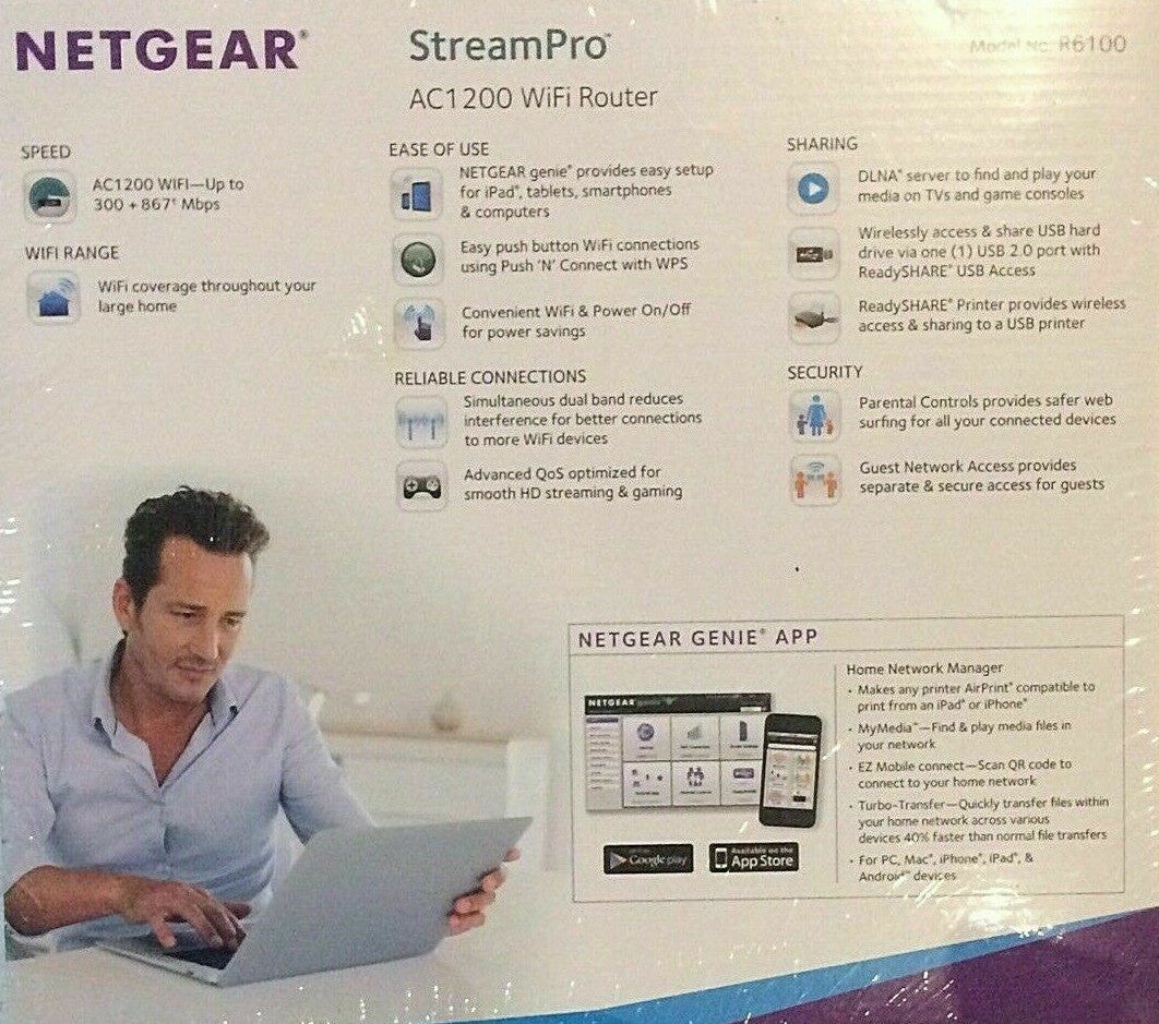AC1200 R6100-100NAS Netgear StreamPro dualband WiFi wireless router new sealed