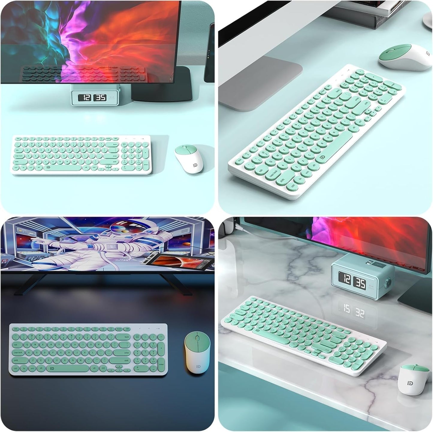 FD Wireless Keyboard Mouse Combo 2.4GHz Mint Green Quiet Slim Round Keys