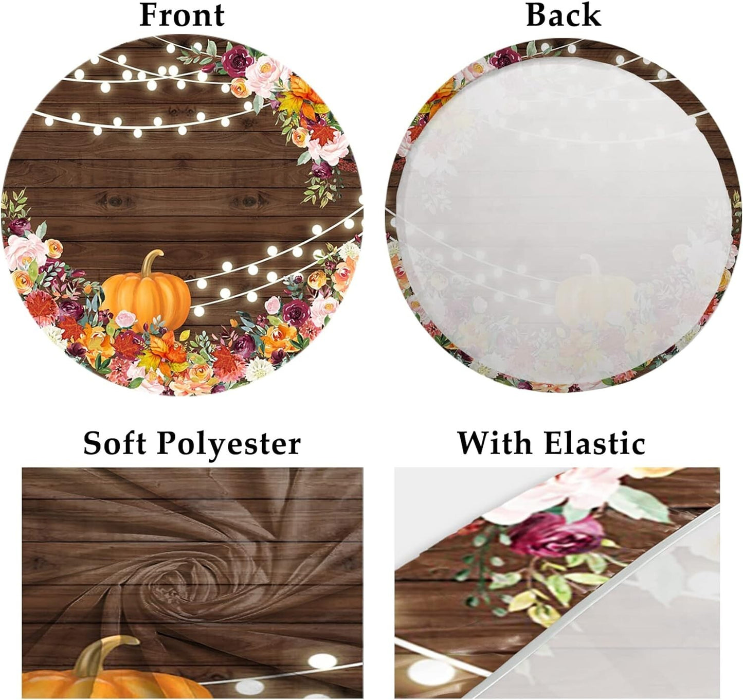 YongFoto 6x6ft Thanksgiving Day Round Backdrop Cover Floral Orange Pumpkin Rusti
