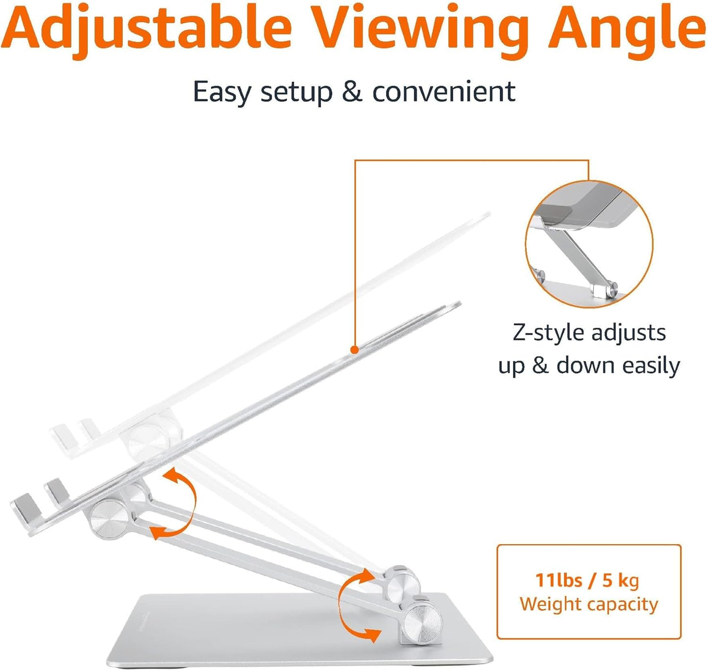 Amazon Basics Sturdy and Portable Ergonomic Laptop Stand for Desk, Height Adjustable Riser with Ventilated Cooling, Foldable, Fits all Laptops up to 1