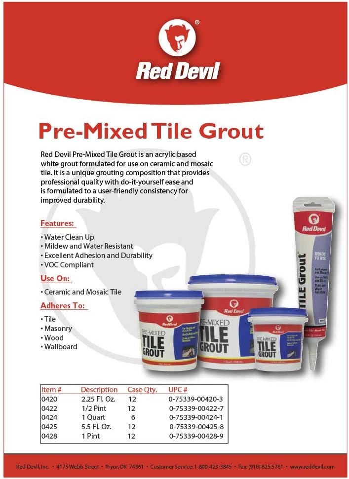 Red Devil 0428 Pre-Mixed Tile Grout 1 Pint White Wall & Floor Made in USA