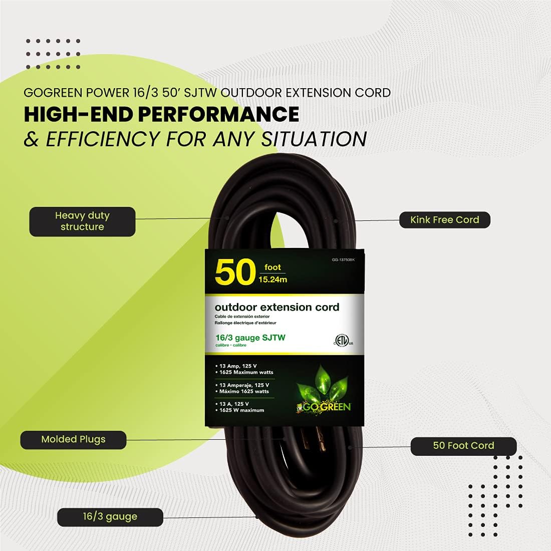GoGreen Power 16/3 50ft Black Outdoor Extension Cord GG-13750BK Heavy Duty