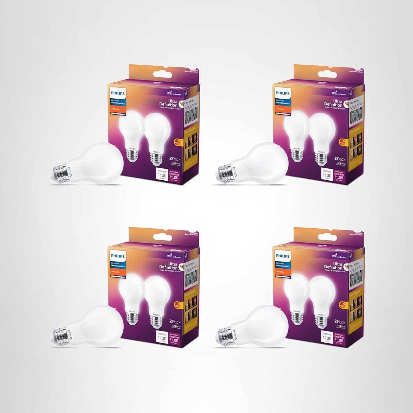 Philips A19 60W LED Bulbs 4-Pack Dimmable Daylight 3500K 800lm E26 Flicker-Free