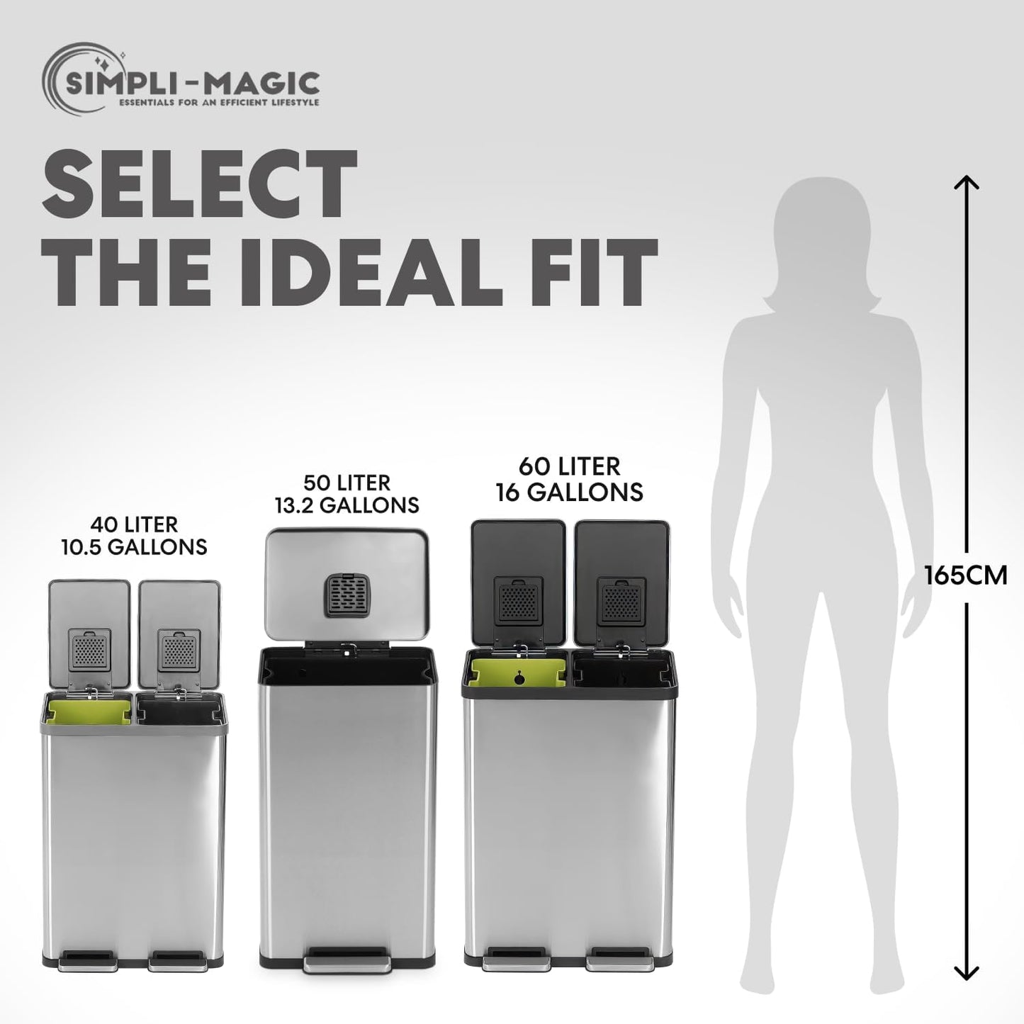 SIMPLI-MAGIC 50L 13.2 Gal Soft Close Stainless Steel Trash Can w/ Foot Pedal