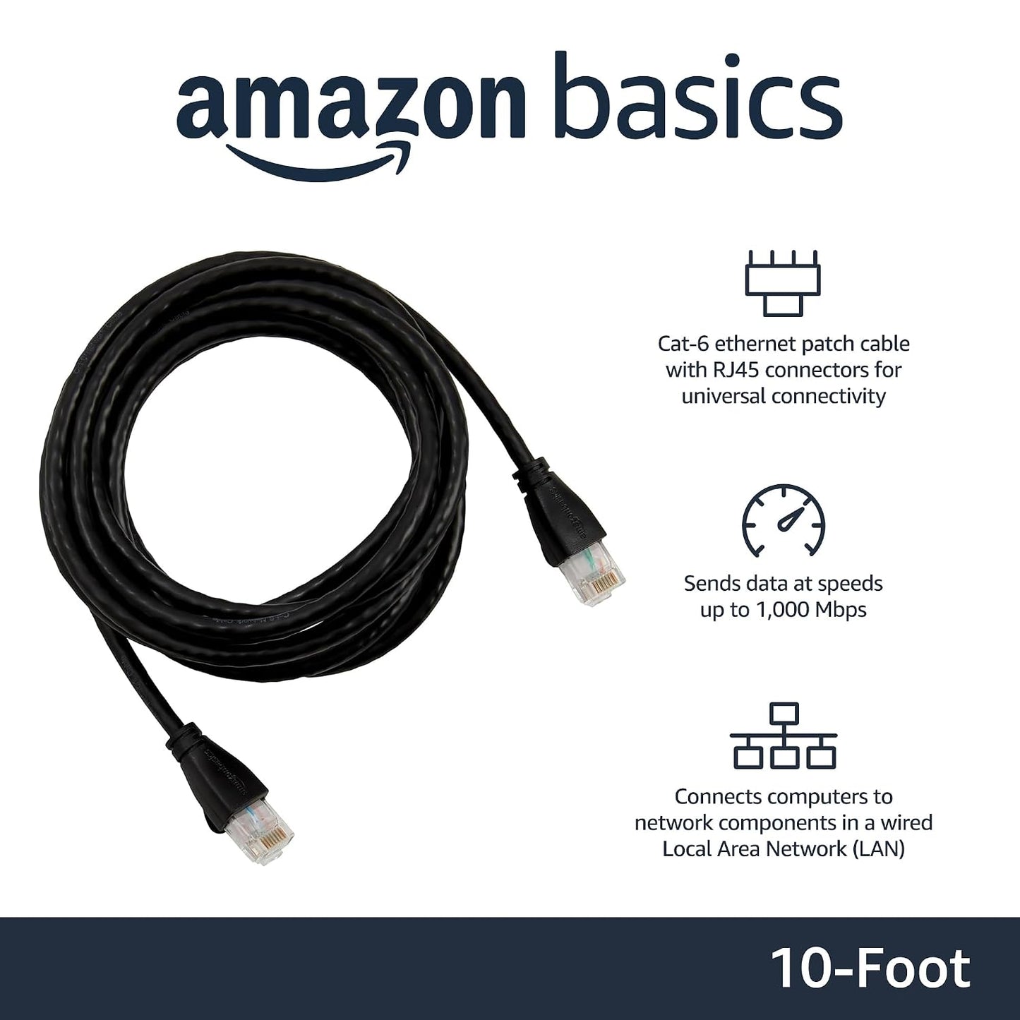Amazon Basics RJ45 Cat-6 Ethernet Patch Cable, 1Gbps, Gold-Plated, 3 ft, Black