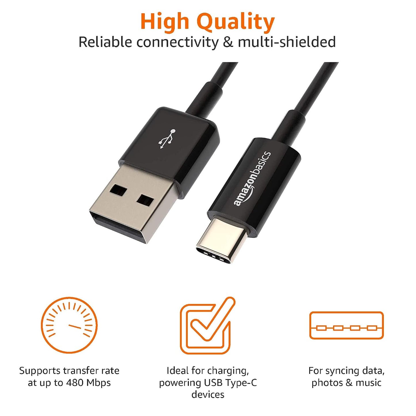 Amazon Basics USB-C to USB-A 2.0 Fast Charger Cable, 480Mbps Data Transfer Speed, USB-IF Certified, for Apple iPhone 16/15, iPad, Samsung Galaxy, Tabl