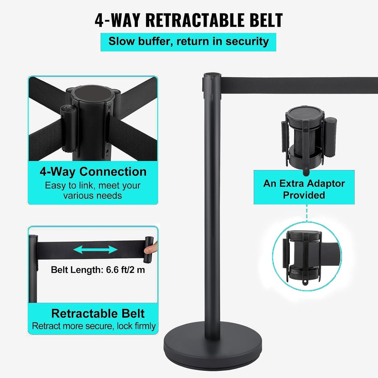 EliteEdge Crowd Control Stanchion Queue Post w/ 6.5ft Retractable Belt 36in