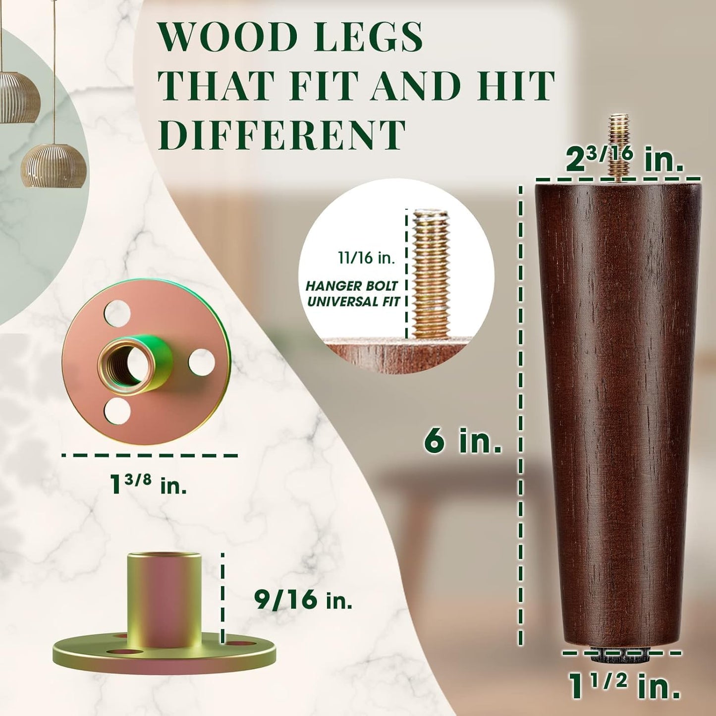 Yes4All 6in Square Wood Furniture Legs Set of 4 Adjustable Leveler Brown
