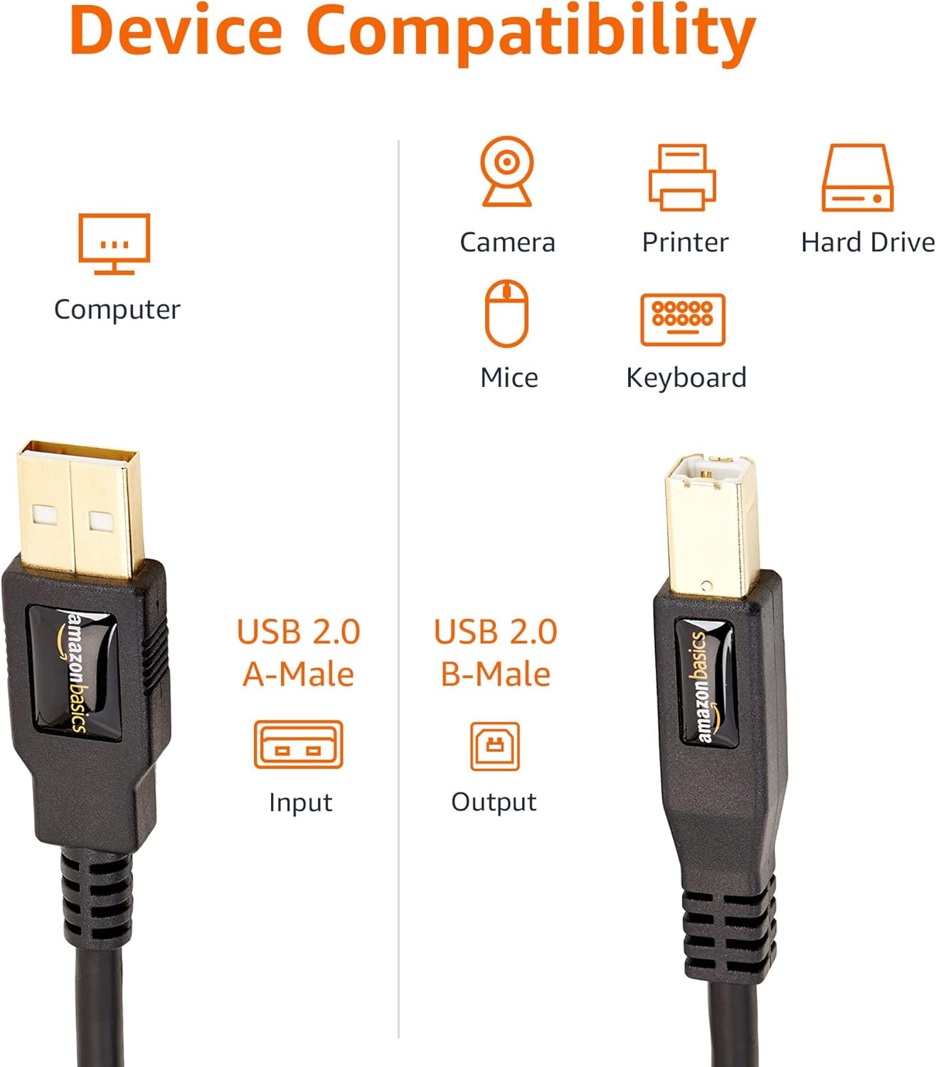 Amazon Basics USB-A to USB-B 2.0 Cable for Printer or External Hard Drive, Gold-Plated Connectors, Black, 10 Foot