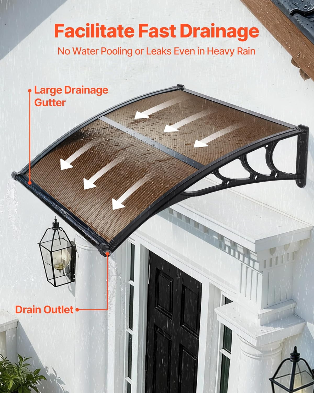 VEVOR 38x40in Door Awning Canopy Polycarbonate Cover w/ Drainage ABS Bracket