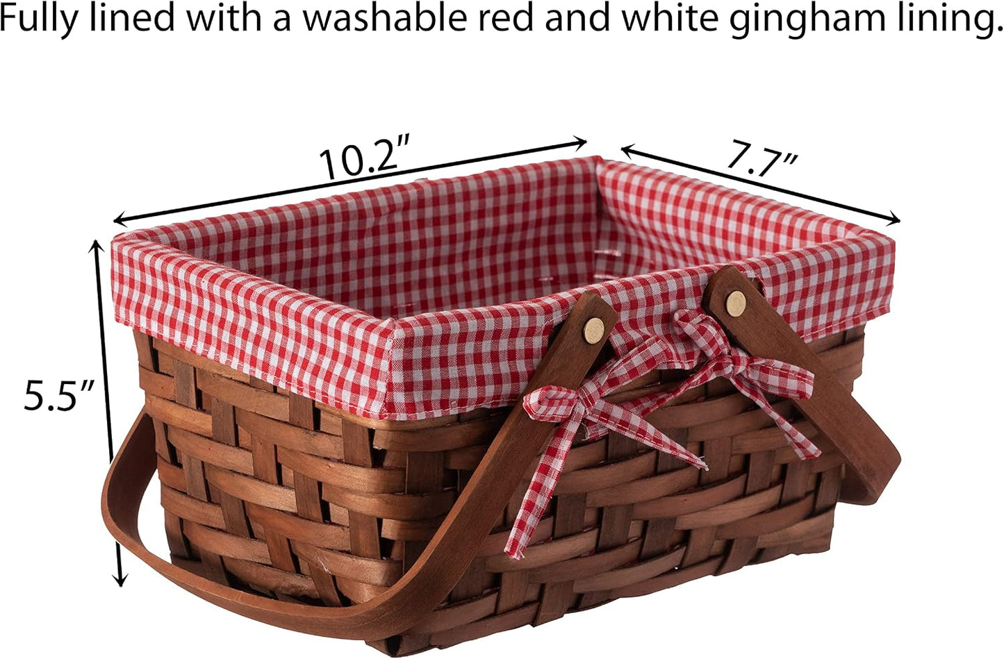 Wickerwise Small Woodchip Picnic Basket Folding Handles Gingham Red Lining