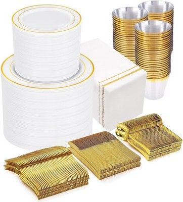 GATHER 700pc Gold Plastic Plates White & Gold Disposable Dinnerware 100 Guest