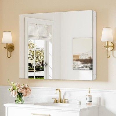 Keonjinn 40x32in Large Medicine Cabinet Mirror White Aluminum Adjustable