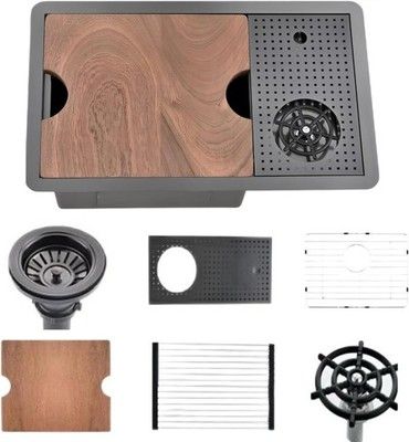 BRONSTARZ 24in Nano Black Undermount Bar Sink 24x14 Workstation Glass Rinser