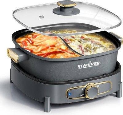 Stariver 6L Electric Hot Pot w/ Divider 1500W Nonstick Shabu Shabu 3 Settings