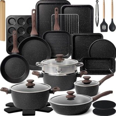 Kikcoin 31 Piece Nonstick Pots & Pans Cookware Set w/ Grill Pan Bakeware Black