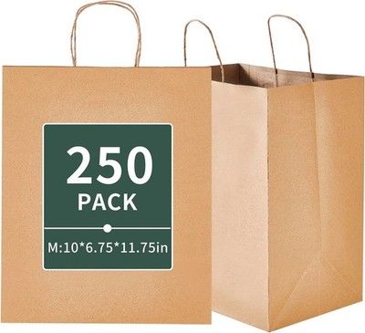 DealbyBox 250 Pack Kraft Paper Bags w/ Handles Medium 10x6.75x11.75 Shopping