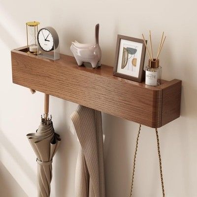 CycleCrew Solid Wood Wall Mounted Coat Rack with Shelf 5 Hidden Hooks Black