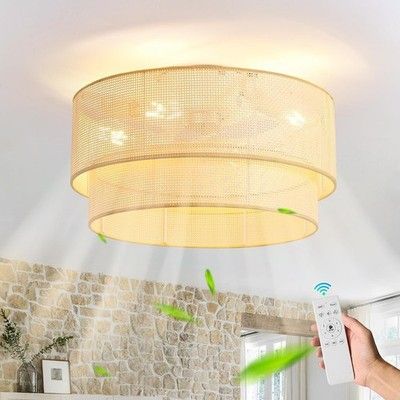 ainqiant 20in Rattan Caged Flush Mount Ceiling Fan with Light & Remote Boho