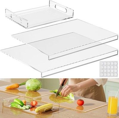 HELPLEX Acrylic Cutting Board w/ Counter Lip Set of 3 Clear Non-Slip Chopping