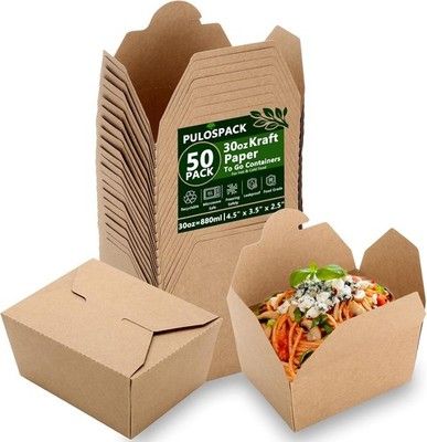 PULOSPACK 50 Pack 30oz Kraft Paper Take Out Food Boxes Leak-Proof To Go Foldable