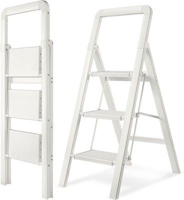 BIBKOKE Step Ladder 3-Step White Finish Aluminum Folding Step Ladders