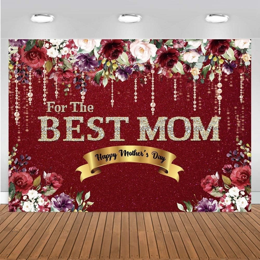 CHAIYA Mothers Day Backdrop 8x6ft Floral Gold Dots Happy Mom Photo Background