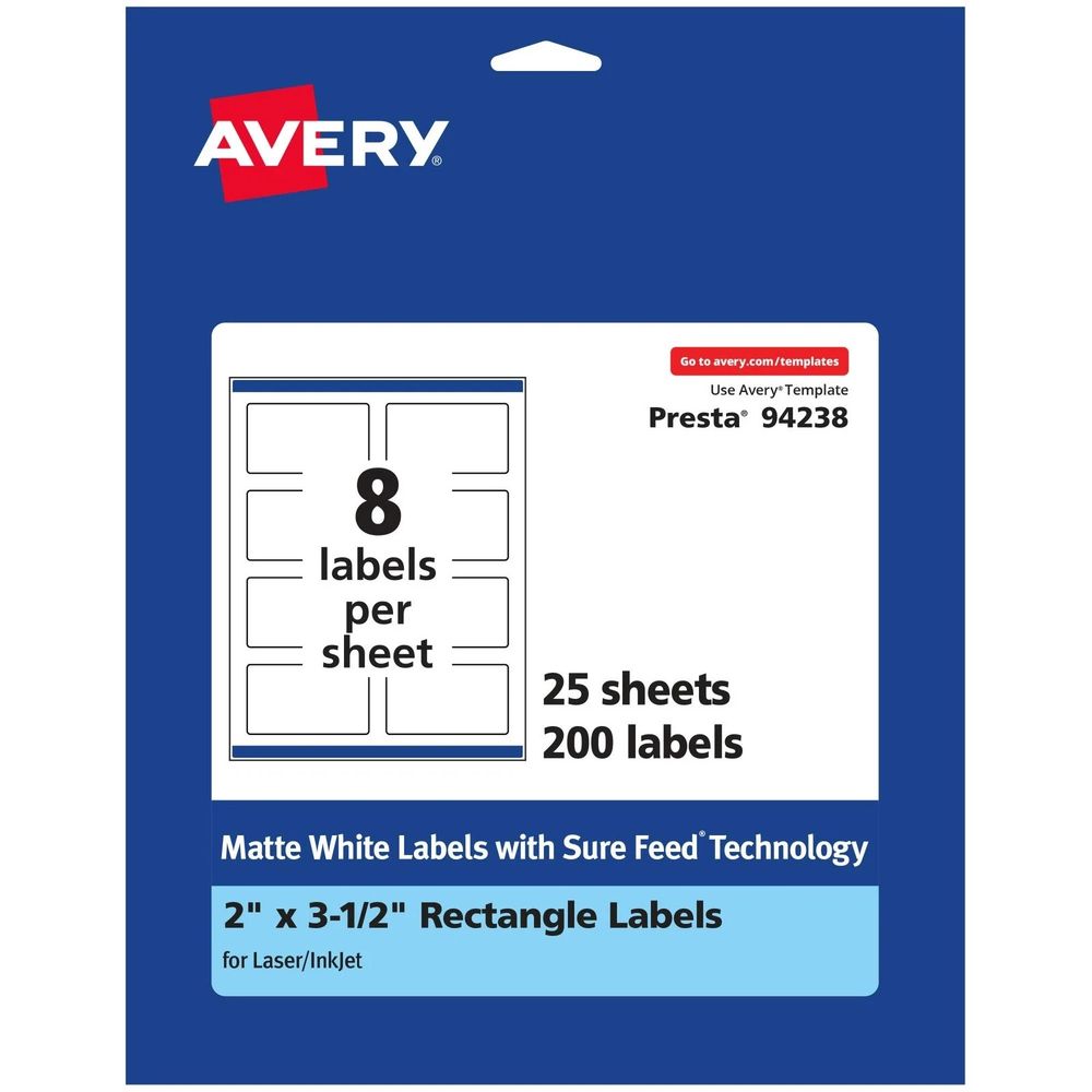 Avery Matte White Rectangle Sure Feed Labels 2" x 3.5" - 200 Count