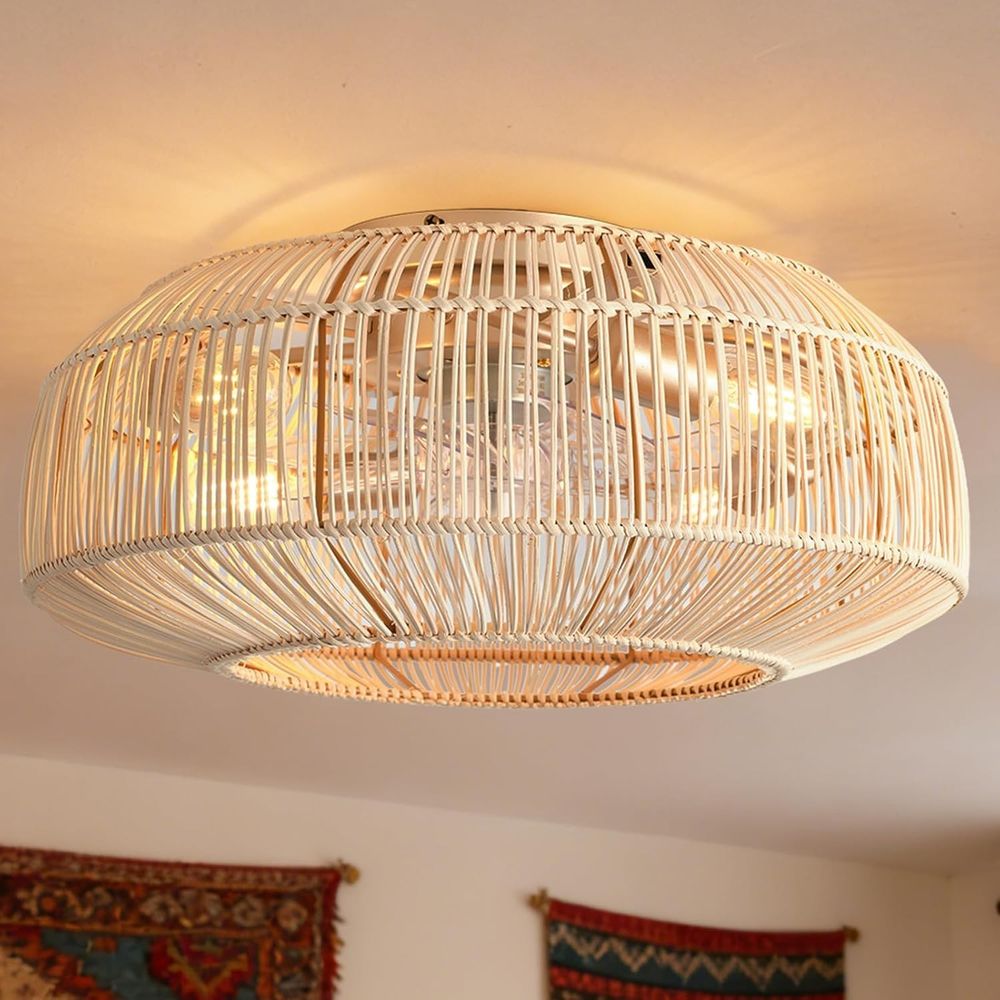 Jorbeca 20" Boho Rattan Caged Ceiling Fan Light Flush Mount Fandelier Remote