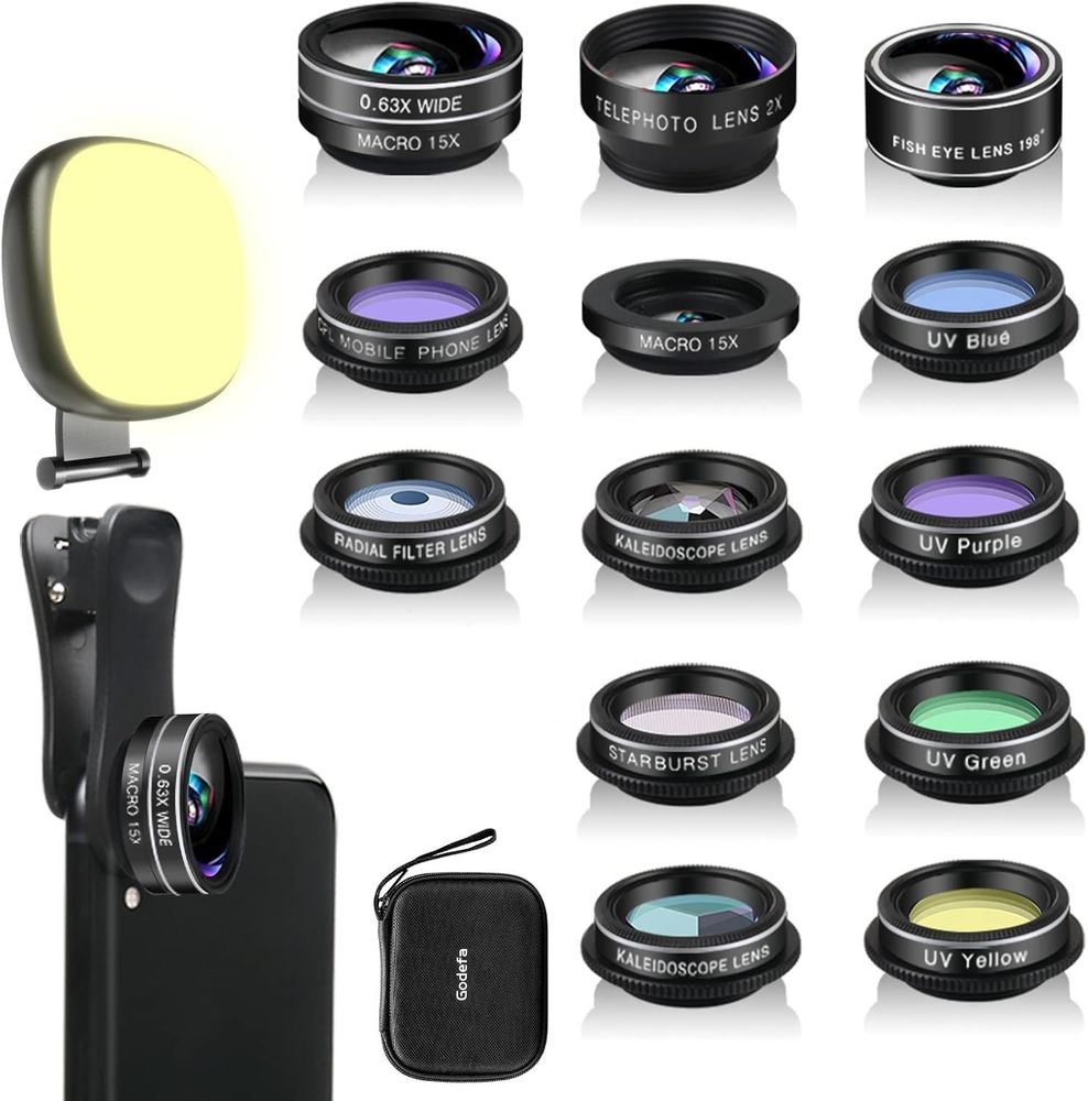 Godefa 14-in-1 Phone Camera Lens Kit with Selfie Ring Light Macro Fisheye