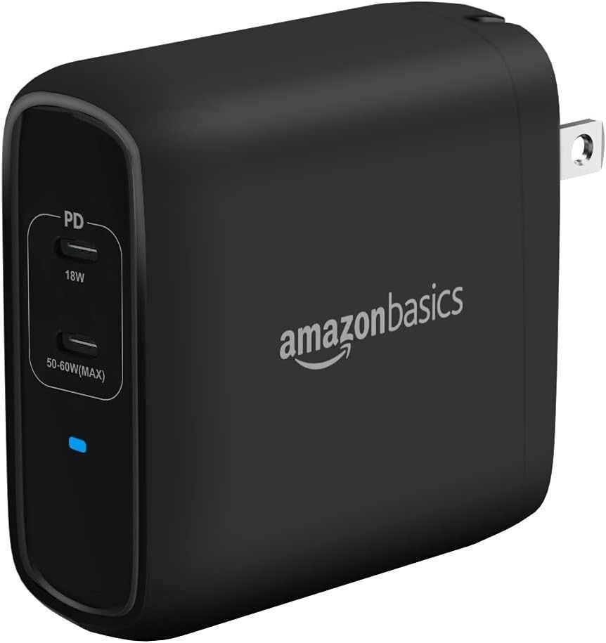 Amazon Basics 68W Two-Port GaN Wall Charger with 2 USB-C Ports (60W