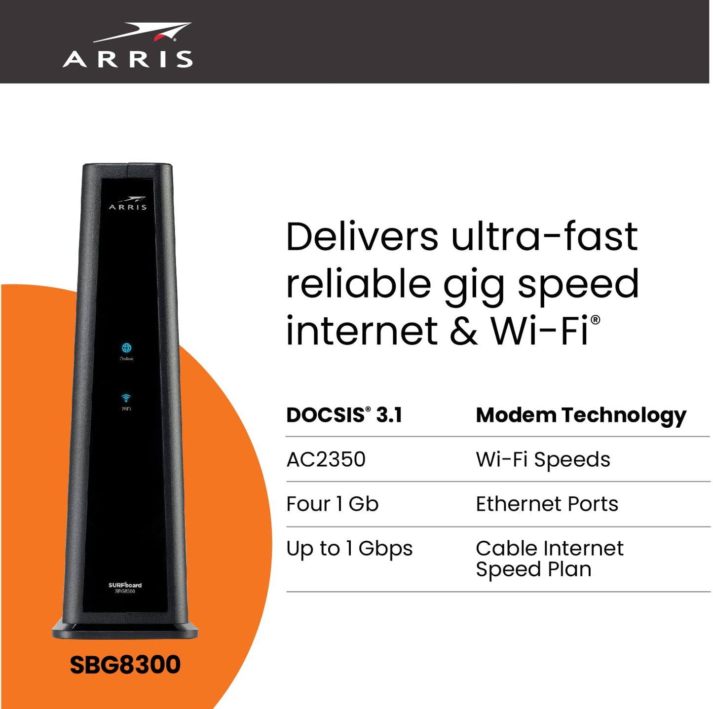ARRIS SURFboard SBG8300 DOCSIS 3.1 Gigabit Cable Modem & AC2350 Wi-Fi Router , Comcast Xfinity, Cox, Spectrum & more , Four 1 Gbps Ports , 1 Gbps Max Internet Speeds , 4 OFDM Channels