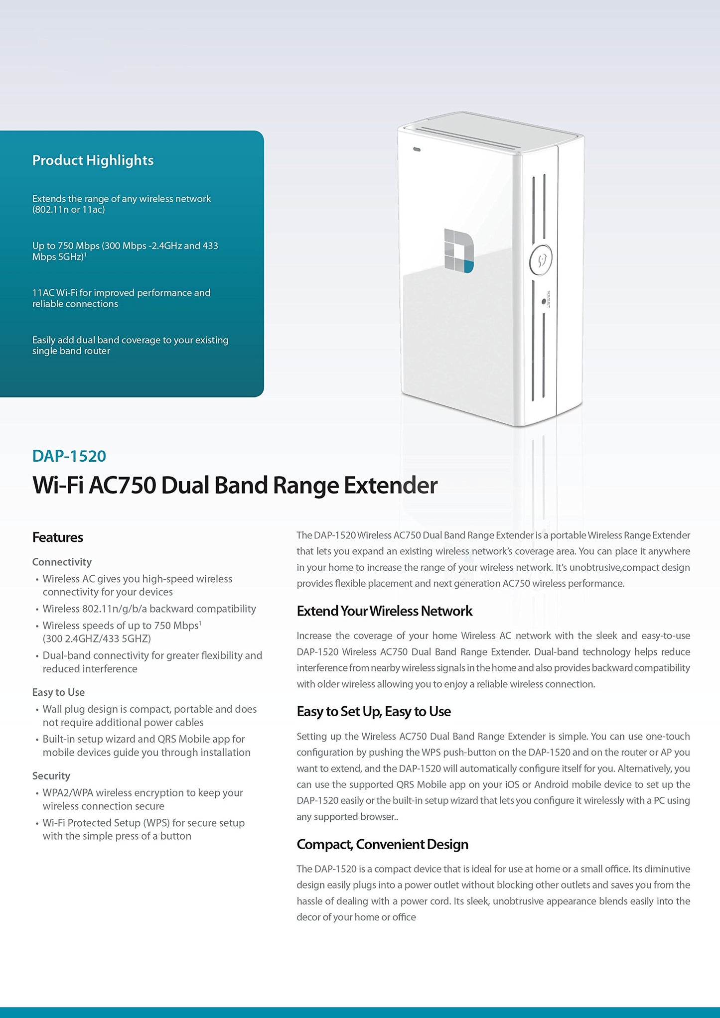 D-Link Wi-Fi AC750 Dual Band Range Extender (DAP-1520) (Discontinued by Manufacturer)