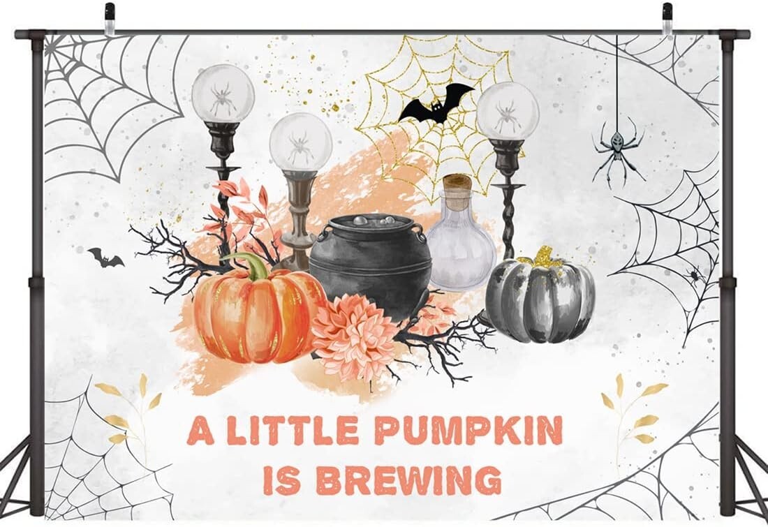 Lofaris A Little Pumpkin is Brewing Backdrop Haunted Horror Forest Bat Web Pumpk