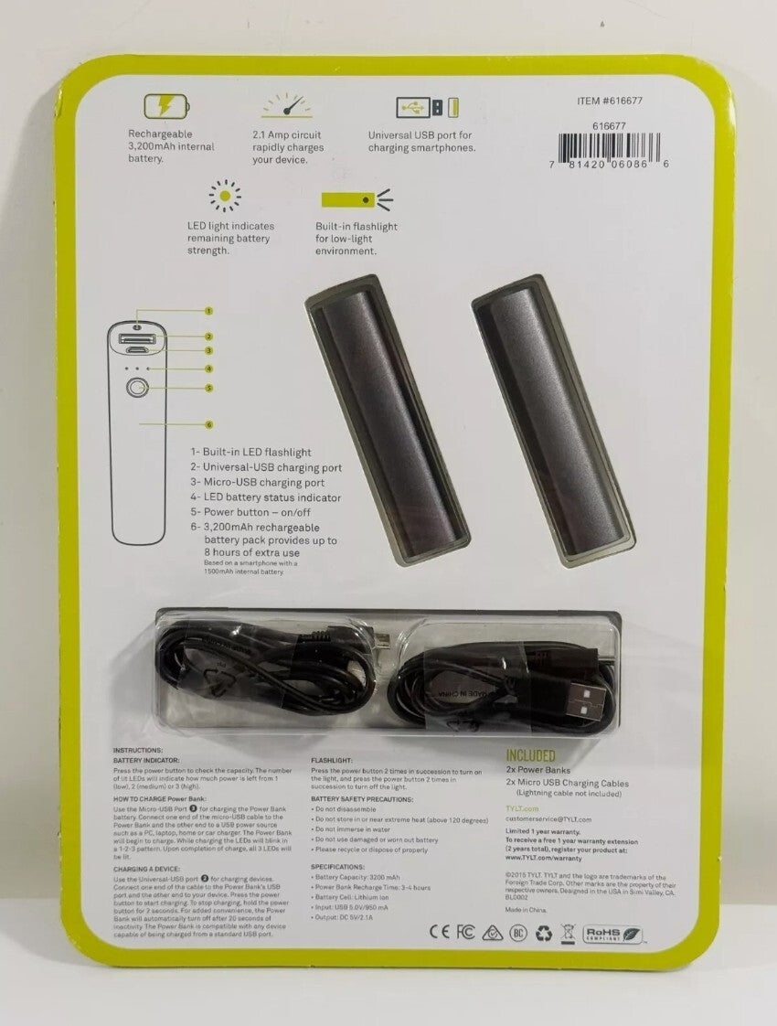 TYLT USB 2 Pack Portable Power Bank 3200mAh Chargers Cables